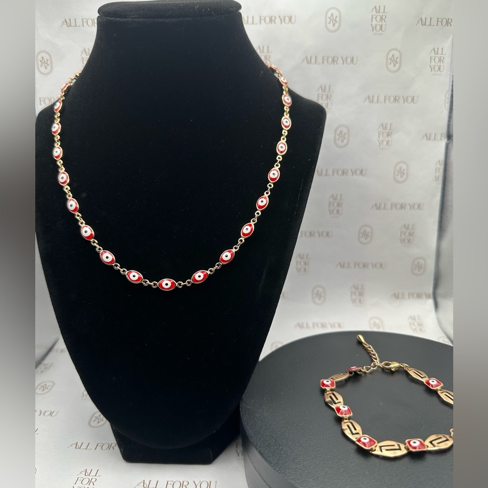 Set with Red Evil Eye Necklace and Bracelet gold filled